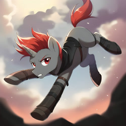 Size: 2048x2048 | Tagged: safe, derpibooru import, oc, oc only, oc:kardy wing, pony, unicorn, fallout equestria, action pose, armor, clothes, horn, jumping, male, solo, wasteland