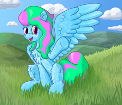 Size: 2500x2160 | Tagged: safe, alternate version, artist:callichrome, derpibooru import, oc, oc only, pegasus, pony, chest fluff, coat markings, dappled, female, grass, grassy hills, looking at you, outdoors, pegasus oc, smiling, smiling at you, solo, spread wings, waving, waving at you, wings