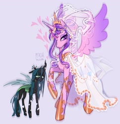 Size: 2450x2533 | Tagged: safe, artist:peachmichea, derpibooru import, princess cadance, queen chrysalis, alicorn, changeling, changeling queen, pony, g4, alternate hairstyle, bags under eyes, bracelet, clothes, dress, duo, duo female, eyeshadow, female, floating heart, heart, height difference, hoof shoes, horn, horn ring, infidelity, jewelry, lesbian, lidded eyes, makeup, mare, meme, peytral, princess shoes, raised hoof, raised leg, redraw, regalia, ring, ship:cadalis, shipping, signature, simple background, size difference, smiling, spread wings, subverted meme, tail, the bride and the ugly ass bride, the bride and the ugly ass groom, tiara, toy interpretation, veil, wedding dress, wedding veil, wings