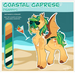 Size: 1767x1719 | Tagged: safe, artist:ezzerie, derpibooru import, oc, oc only, oc:coastal caprese, bat pony, pony, alcohol, beach, martini, ponytail, reference sheet, solo, sunglasses