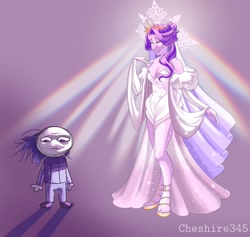 Size: 2048x1943 | Tagged: safe, artist:cheshire345, derpibooru import, princess cadance, shining armor, human, g4, 2024, alternate hairstyle, bowtie, clothes, crepuscular rays, dress, duo, duo male and female, eyes closed, female, height difference, humanized, jewelry, larger female, male, meme, messy hair, pants, pony coloring, redraw, shiningcadance, shipping, signature, size difference, smaller male, smiling, sparkles, straight, suit, the bride and the ugly ass groom, tiara, toy interpretation, veil, wedding dress, wedding veil