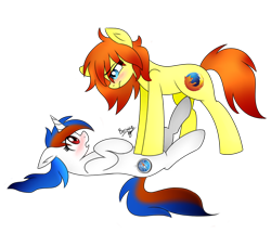 Size: 1100x1000 | Tagged: safe, artist:mayleebell24, derpibooru import, oc, oc only, oc:firefox, oc:safari, earth pony, unicorn, blushing, browser ponies, female, horn, mare