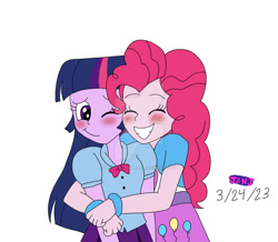 Size: 828x723 | Tagged: safe, artist:stella-exquisa, derpibooru import, pinkie pie, twilight sparkle, human, equestria girls, g4, blushing, cuddling, female, lesbian, shipping, simple background, smiling, twinkie, white background