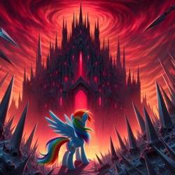 Size: 1024x1024 | Tagged: source needed, safe, ai content, derpibooru import, generator:bing image creator, generator:dall-e 3, machine learning generated, rainbow dash, pegasus, pony, castle, gothic, prompter needed, spikes