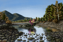 Size: 4473x3000 | Tagged: safe, artist:pony-stark, derpibooru import, fluttershy, pegasus, pony, g4, autumn, folded wings, lake, mountain, outdoors, rock, scenery, solo, water, wings