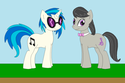 Size: 1193x790 | Tagged: safe, artist:marybethemberjoy49-1, derpibooru import, dj pon-3, octavia melody, vinyl scratch, earth pony, pony, unicorn, g4, female, horn, lesbian, scratchtavia, shipping