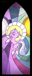 Size: 605x1435 | Tagged: safe, artist:chiefywiffy, derpibooru import, oc, oc:chiefy, unicorn, clothes, ear piercing, halo, horn, leg warmers, piercing, solo, stained glass