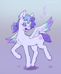 Size: 950x1150 | Tagged: safe, artist:zephyrsplume, derpibooru import, oc, oc only, oc:sweetcloud, pegasus, pony, colored hooves, cutie mark, eyes closed, eyeshadow, female, freckles, makeup, mare, music notes, pegasus oc, short tail, singing, solo, solo female, tail