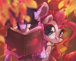 Size: 1301x1056 | Tagged: safe, artist:angrygem, derpibooru import, pinkie pie, twilight sparkle, earth pony, pony, unicorn, g4, autumn, book, clothes, cute, dappled sunlight, diapinkes, duo, duo female, eye contact, female, glowing, glowing horn, horn, leaf, levitation, looking at each other, looking at someone, magic, magic aura, mare, scarf, smiling, striped scarf, telekinesis, twiabetes