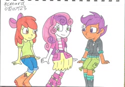 Size: 1700x1191 | Tagged: safe, artist:cmara, derpibooru import, apple bloom, scootaloo, sweetie belle, human, equestria girls, g4, adorabloom, best friends, cute, cutealoo, cutie mark crusaders, diasweetes, female, simple background, traditional art, trio, trio female, white background