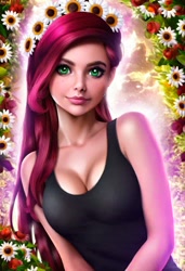 Size: 832x1216 | Tagged: safe, ai content, derpibooru import, generator:pony diffusion v6 xl, generator:stable diffusion, machine learning generated, gloriosa daisy, equestria girls, g4, clothes, female, floral head wreath, flower, green eyes, milestone, prompter:kronostorm, sexy, tanktop, uncanny valley
