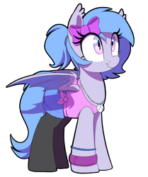 Size: 952x1140 | Tagged: safe, artist:thebatfang, derpibooru import, oc, oc only, oc:lucky roll, bat pony, pony, bat pony oc, bow, clothes, cute, cute little fangs, dice, fangs, female, hair bow, jewelry, mare, necklace, ocbetes, partially open wings, shorts, simple background, smiling, socks, solo, transparent background, wings, wristband