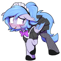 Size: 1000x1000 | Tagged: safe, artist:thebatfang, derpibooru import, oc, oc only, oc:lucky roll, bat pony, pony, apron, bat pony oc, blushing, bowtie, clothes, cute, cute little fangs, dress, ears, embarrassed, fangs, female, fishnet stockings, floppy ears, maid, mare, nervous, nervous smile, ocbetes, raised hoof, raised leg, shoes, simple background, smiling, solo, transparent background