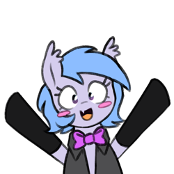 Size: 700x700 | Tagged: safe, artist:thebatfang, derpibooru import, oc, oc only, oc:lucky roll, bat pony, bat pony oc, blush sticker, blushing, bowtie, clothes, cute, female, looking at you, mare, ocbetes, open mouth, simple background, smiling, socks, solo, transparent background