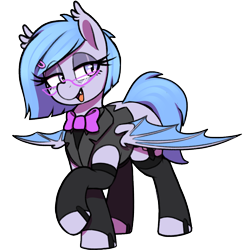 Size: 1000x1000 | Tagged: safe, artist:thebatfang, derpibooru import, oc, oc only, oc:lucky roll, bat pony, pony, bat pony oc, bowtie, clothes, female, glasses, lidded eyes, mare, milf, office lady, open mouth, open smile, simple background, smiling, solo, spread wings, stockings, suit, transparent background, wings