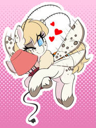 Size: 821x1100 | Tagged: safe, artist:thebatfang, derpibooru import, oc, oc only, oc:dusty dots, moth, mothpony, original species, abstract background, cargo ship, female, floating heart, flying, gradient background, heart, hug, lamp, mare, one eye closed, shipping, solo