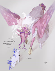 Size: 3000x3820 | Tagged: safe, artist:pox_0i, derpibooru import, princess cadance, shining armor, alicorn, pony, unicorn, g4, alternate hairstyle, blushing, bowtie, clothes, curved horn, dialogue, dress, duo, female, gray background, height difference, hoof shoes, horn, jewelry, male, mare, meme, redraw, regalia, shiningcadance, shipping, simple background, stallion, straight, the bride and the ugly ass groom, toy interpretation, wedding dress