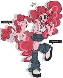 Size: 1620x1995 | Tagged: safe, artist:jwnn_, derpibooru import, pinkie pie, anthro, earth pony, pony, g4, blushing, bra, clothes, crop top bra, emanata, female, leg warmers, mare, midriff, ponytail, screentone, self paradox, self ponidox, simple background, skirt, underwear, white background