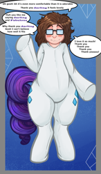 Size: 875x1500 | Tagged: safe, artist:krasney, derpibooru import, rarity, human, g4, blushing, clothes, comic, costume, glasses, looking at you, male, offscreen character, pony costume, ponysuit, transformation, transformation sequence, wavy mouth