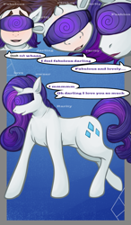 Size: 875x1500 | Tagged: safe, artist:krasney, derpibooru import, rarity, human, pony, unicorn, g4, comic, horn, human to pony, hypnogear, mind control, offscreen character, pet play, ponysuit, species swap, transformation, transformation sequence, visor