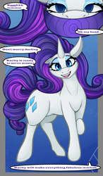 Size: 875x1500 | Tagged: safe, artist:krasney, derpibooru import, rarity, pony, unicorn, g4, comic, female, horn, hypnogear, looking at you, mare, mind control, offscreen character, open mouth, open smile, pet play, raised hoof, raised leg, smiling, smiling at you, talking to viewer, transformation, transformation sequence, visor