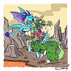 Size: 2048x2048 | Tagged: safe, artist:jim miller, derpibooru import, princess ember, rainbow dash, rarity, twilight sparkle, dragon, pony, g4, crackle's cousin, dragon costume, dragoness, female, lava, mare, motion lines, noogie, passepartout, signature, spread wings, wings