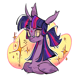 Size: 1080x1080 | Tagged: safe, artist:lagoartz, derpibooru import, twilight sparkle, twilight sparkle (alicorn), alicorn, pony, g4, alternate hairstyle, bags under eyes, big ears, big eyes, blue mane, bust, chest fluff, coat markings, colored pupils, colored sclera, curved horn, ear tufts, ears, eye clipping through hair, eyebrows, eyebrows visible through hair, eyelashes, facial markings, female, folded wings, frown, glasses, horn, long horn, long neck, mare, multicolored mane, palindrome get, ponytail, portrait, purple coat, round glasses, simple background, slit eyes, solo, sparkles, star (coat marking), straight mane, tied mane, unicorn horn, white background, wing fluff, wingding eyes, wings, yellow sclera