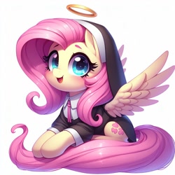 Size: 1024x1024 | Tagged: safe, ai content, derpibooru import, generator:dall-e 3, machine learning generated, fluttershy, pegasus, pony, g4, cute, flutternun, halo, looking at you, nun outfit, open mouth, open smile, prompter needed, shyabetes, simple background, smiling, solo, spread wings, white background, wings