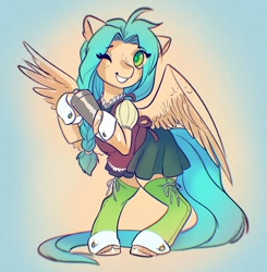 Size: 2007x2048 | Tagged: safe, artist:opalacorn, derpibooru import, oc, oc only, pegasus, pony, semi-anthro, bartender, bipedal, clothes, eye clipping through hair, female, gradient background, grin, mare, one eye closed, one wing out, skirt, smiling, solo, wings