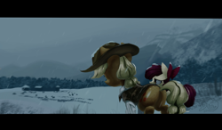 Size: 2725x1588 | Tagged: safe, artist:brainr0tter, derpibooru import, apple bloom, applejack, earth pony, pony, g4, clothes, duo, grass, hat, mountain, scenery, snow, snowfall, vest, winter