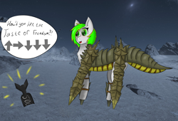 Size: 9999x6800 | Tagged: safe, artist:twinky, derpibooru import, oc, oc only, pony, bomb, clothes, cosplay, costume, green mane, helldivers 2, weapon, white body