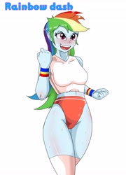 Size: 2954x4096 | Tagged: safe, artist:slasheramaya, derpibooru import, rainbow dash, human, equestria girls, g4, female, fist, high res, open mouth, open smile, simple background, smiling, solo, sweat, white background