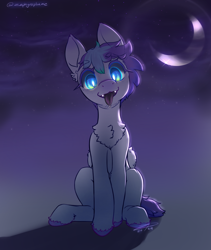 Size: 1600x1900 | Tagged: safe, alternate version, artist:zephyrsplume, derpibooru import, oc, oc only, oc:sweetcloud, bat pony, hybrid, pegasus, pony, bat pony oc, colored hooves, crescent moon, dark background, fangs, glowing, glowing eyes, head tilt, hybrid oc, moon, sitting, solo, tongue, tongue out