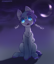 Size: 1600x1900 | Tagged: safe, artist:zephyrsplume, derpibooru import, oc, oc only, oc:sweetcloud, bat pony, hybrid, pegasus, pony, bat pony oc, colored hooves, crescent moon, dark background, dialogue, fangs, glowing, glowing eyes, head tilt, hybrid oc, moon, sitting, solo