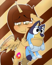 Size: 1599x2000 | Tagged: safe, artist:paintbrush569, derpibooru import, oc, oc only, alicorn, pony, alicorn oc, bipedal, bluey, bluey heeler, horn, plushie, wings