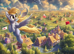Size: 1200x880 | Tagged: safe, ai content, derpibooru import, machine learning generated, derpy hooves, pegasus, pony, g4, flying, mail, prompter:zzz1247, scenery, solo, town