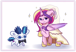 Size: 3200x2200 | Tagged: safe, artist:kindny-chan, derpibooru import, princess cadance, shining armor, alicorn, pony, unicorn, g4, bowtie, chibi, clothes, dress, horn, meme, size difference, the bride and the ugly ass groom, toy interpretation, wedding dress