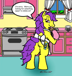 Size: 867x910 | Tagged: safe, artist:asuraludu, derpibooru import, bon bon (g1), earth pony, pony, g1, :p, apron, bedroom eyes, bipedal, bipedal leaning, clothes, cookie, female, food, kitchen, leaning, looking back, mare, solo, speech bubble, tongue, tongue out