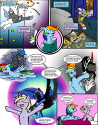 Size: 1002x1279 | Tagged: safe, artist:asuraludu, derpibooru import, daring do, descent, dinky hooves, doctor whooves, fancypants, king sombra, nightmare moon, rainbow dash, zecora, alicorn, parasprite, pegasus, pony, unicorn, g4, bed, bedtime story, blade, book, boulder, comic, doctor who, excited, explosion, falling, female, filly, foal, horn, james bond, male, mare, punch, shadowbolts, shuriken, stallion, tardis, tongue, tongue out, weapon, wingblade