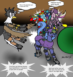 Size: 867x910 | Tagged: safe, artist:asuraludu, derpibooru import, princess cadance, princess luna, rainbow dash, oc, oc:silver quill, oc:trinary, alicorn, griffon, pegasus, pony, butt bump, butt smash, clothes, female, mare, roller derby, roller skates, skates, thought bubble