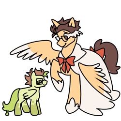 Size: 1378x1378 | Tagged: safe, artist:gnheathciiff, derpibooru import, alicorn, pegasus, pony, 2024, bow, clothes, dress, duo, duo male, elmariana, female, folded wings, gay, glasses, height difference, hoof shoes, horn, male, meme, ponified, princess shoes, qsmp, raised hoof, raised leg, redraw, ribbon, shipping, simple background, size difference, slimecicle, species swap, stallion, tail, tail bow, the bride and the ugly ass groom, white background, wings