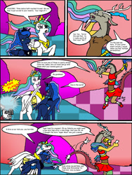 Size: 961x1280 | Tagged: safe, artist:asuraludu, derpibooru import, discord, princess celestia, princess luna, alicorn, draconequus, pony, g4, annoyed, butt, camera, chaos, cheerleader, cheerleader outfit, clothes, comic, discord being discord, discorded landscape, fat shaming, female, glasses, mare, plot, scarf, tail, tail pull