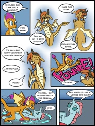 Size: 961x1280 | Tagged: safe, artist:asuraludu, derpibooru import, ocellus, smolder, changedling, changeling, dragon, g4, comic, disguise, disguised changeling, dragon ocellus, dragoness, female, lesbian, old art, pounce, shipping, smolcellus, want