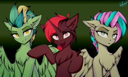 Size: 2754x1660 | Tagged: safe, artist:cmdrtempest, derpibooru import, oc, oc only, oc:aulax, oc:vapourwave, oc:vindicado, pegasus, pony, unicorn, female, horn, looking at you, mare, open mouth, simple background, smiling, wings