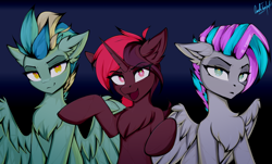 Size: 2754x1660 | Tagged: safe, alternate version, artist:cmdrtempest, derpibooru import, oc, oc only, oc:aulax, oc:vapourwave, oc:vindicado, pegasus, pony, unicorn, female, horn, looking at you, mare, open mouth, simple background, smiling, wings