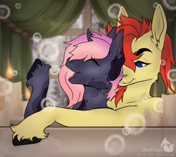 Size: 1170x1043 | Tagged: safe, artist:vixen_mistress, derpibooru exclusive, derpibooru import, oc, oc:artsypaws, oc:jay mihay, pegasus, pony, unicorn, g4, bath, bathtub, bubble, candle, closed mouth, commission, curved horn, cute, female, grin, happy, hooves, horn, male, mare, monochrome, oc x oc, open mouth, photo, raised hoof, raised leg, relationship, relaxed, relaxing, romance, romantic, shipping, smiling, snoot, stallion, teeth, tongue, tongue out