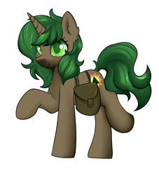 Size: 3000x3300 | Tagged: safe, artist:dumbwoofer, derpibooru import, oc, oc:pine shine, pony, unicorn, bag, chest fluff, ear fluff, ears, female, horn, mare, raised hoof, raised leg, saddle bag, simple background, smiling, solo, transparent background