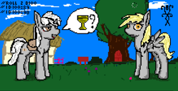 Size: 1311x672 | Tagged: safe, artist:damset, derpibooru import, derpy hooves, oc, oc:badluck dice, pegasus, unicorn, d100, female, holy grail, horn, loading, ms paint, pixel art, ponyville, prpg