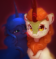 Size: 1506x1570 | Tagged: safe, artist:itssim, derpibooru import, autumn blaze, princess luna, alicorn, kirin, pony, g4, awwtumn blaze, blushing, cute, duo, duo female, ears, eyebrows, female, floppy ears, horn, kirinbetes, lesbian, licking, lidded eyes, looking at you, lunabetes, mare, shipping, smiling, smiling at you, tongue, tongue out