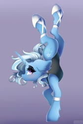 Size: 1719x2560 | Tagged: safe, artist:natanvok, derpibooru import, trixie, pony, unicorn, g4, ballet slippers, ear fluff, ears, eyebrows, female, gradient background, handstand, high res, horn, mare, profile, solo, standing, standing on one leg, upside down